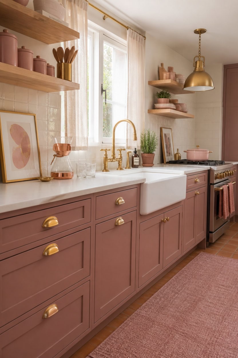 Bright pink kitchen with gold hardware, farmhouse sink, and open shelving.
