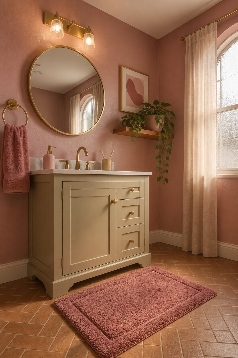 Bright pink bathroom with a stylish vanity, round mirror, and elegant decor. Natural light filters t.