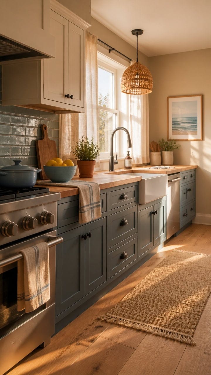 Bright kitchen featuring white upper cabinets and blue lower cabinets, large window with curtains, and warm wooden accents.