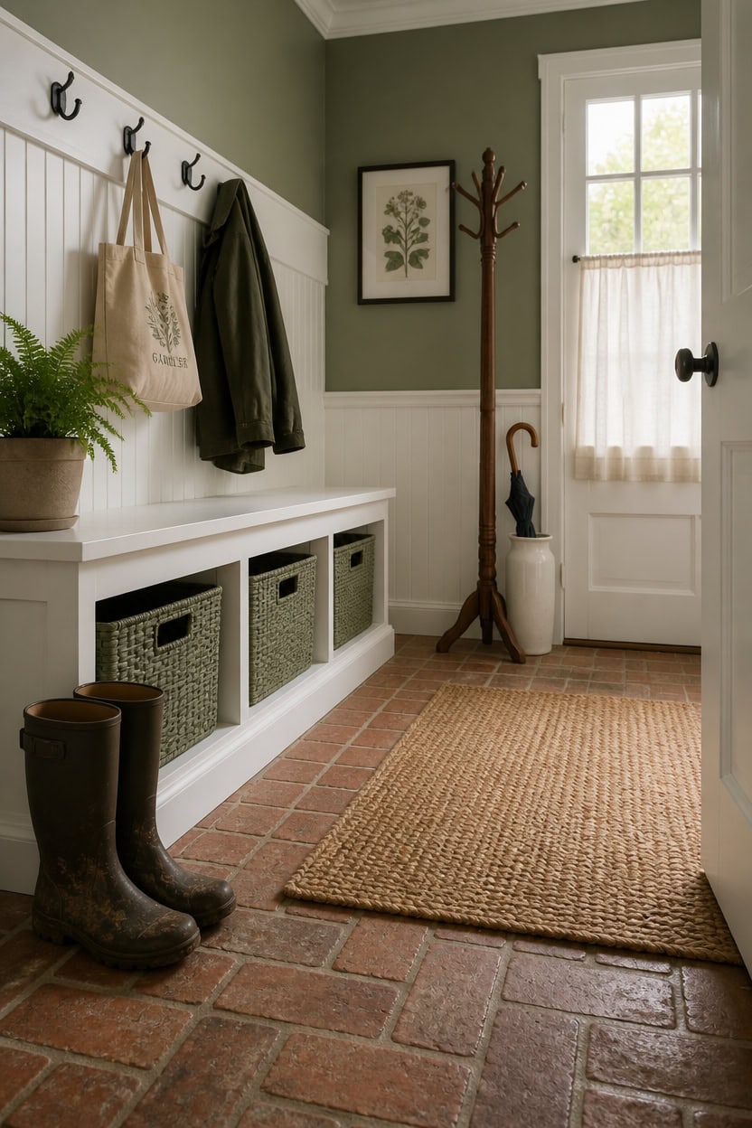 Entryway with hooks, storage bench, and boots.