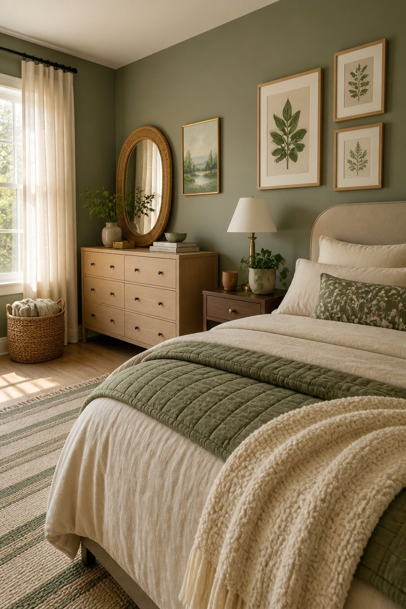 Bright bedroom with green walls, framed botanical art, and natural sunlight streaming through curtai.
