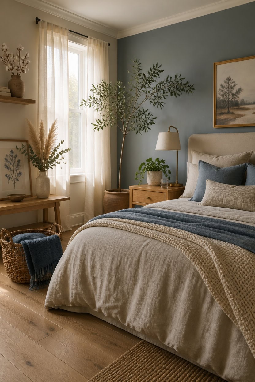 Bright bedroom with large window, cozy bedding, and lush indoor plants for a relaxing atmosphere.