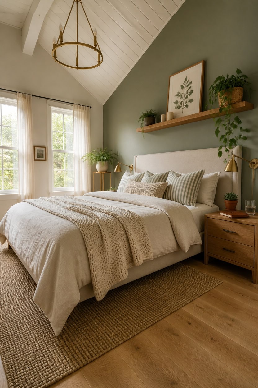 Bright and inviting bedroom with large windows, neutral decor, and greenery accents. Perfect for rel.