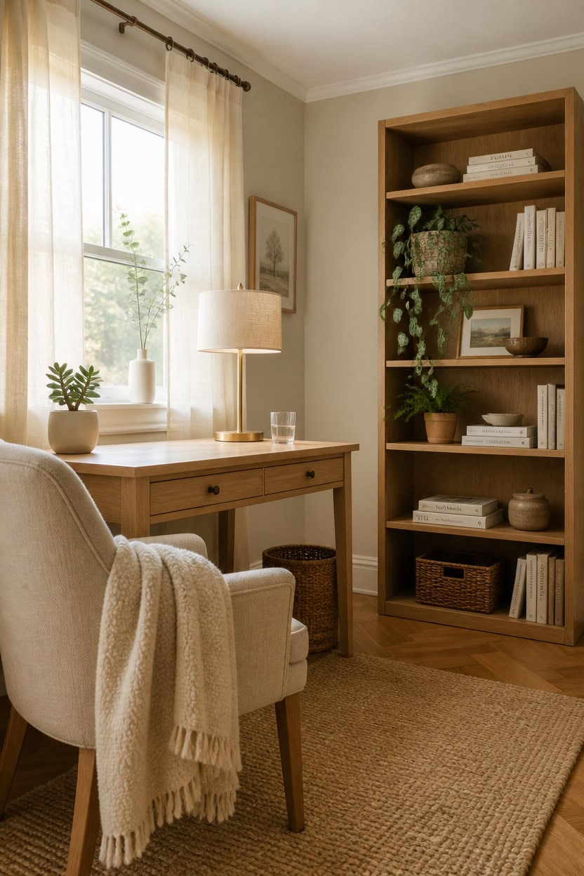 Bright home office with a large window, wooden desk, and bookshelf filled with decor and books. Perfect for working or relaxi.