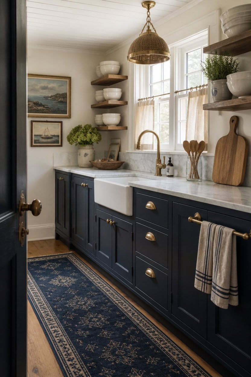 Charming kitchen featuring navy cabinets, open wooden shelves, and a farmhouse sink with natural lig.