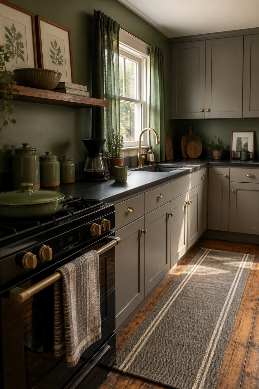muted sage accents on gray