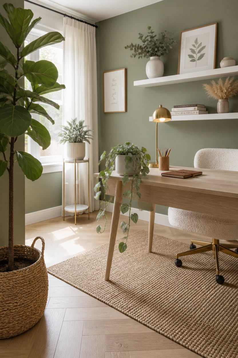 Bright home office with green walls, natural light, and stylish decor.