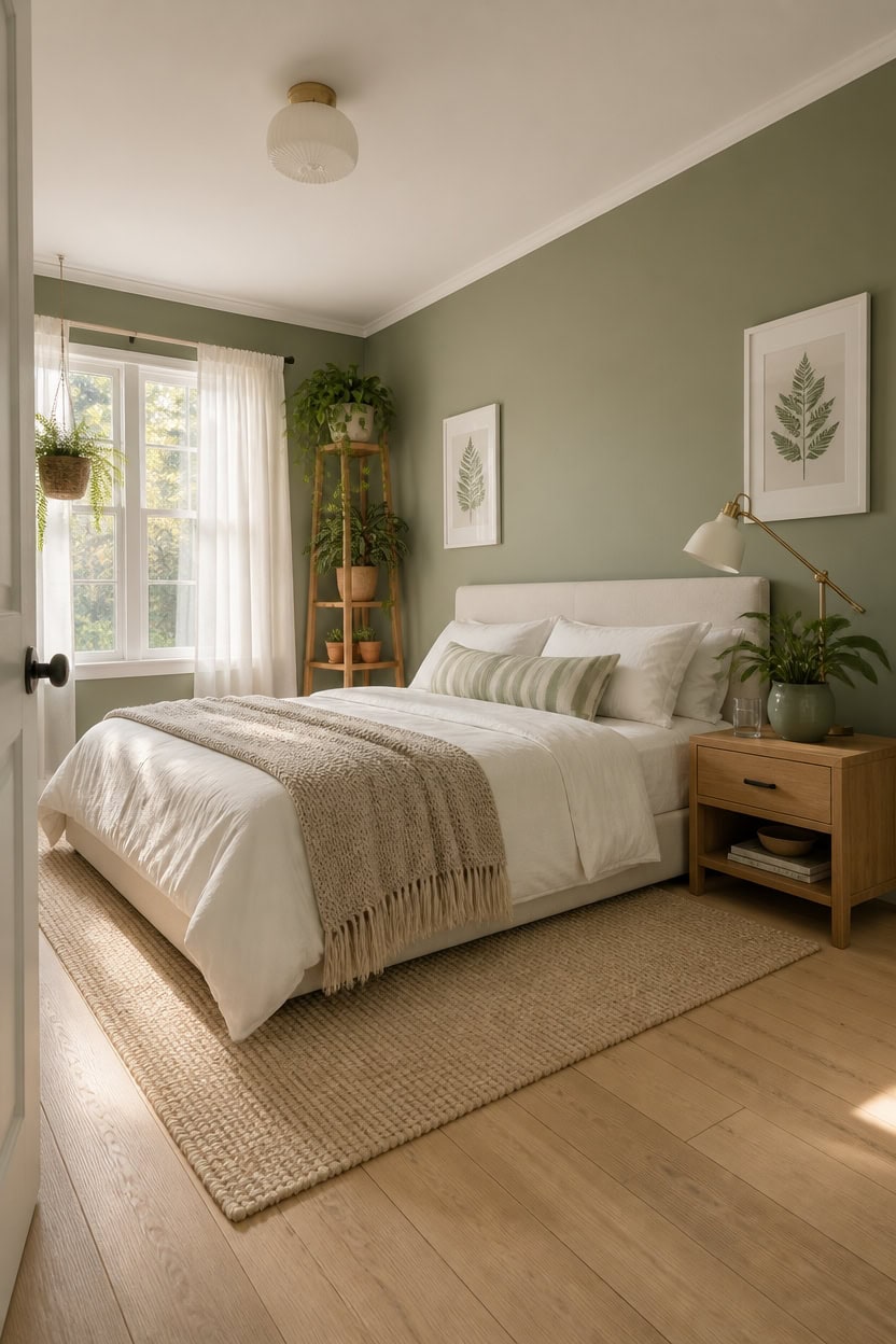 Bright bedroom featuring a green accent wall, large window with white curtains, and modern decor. Pe.