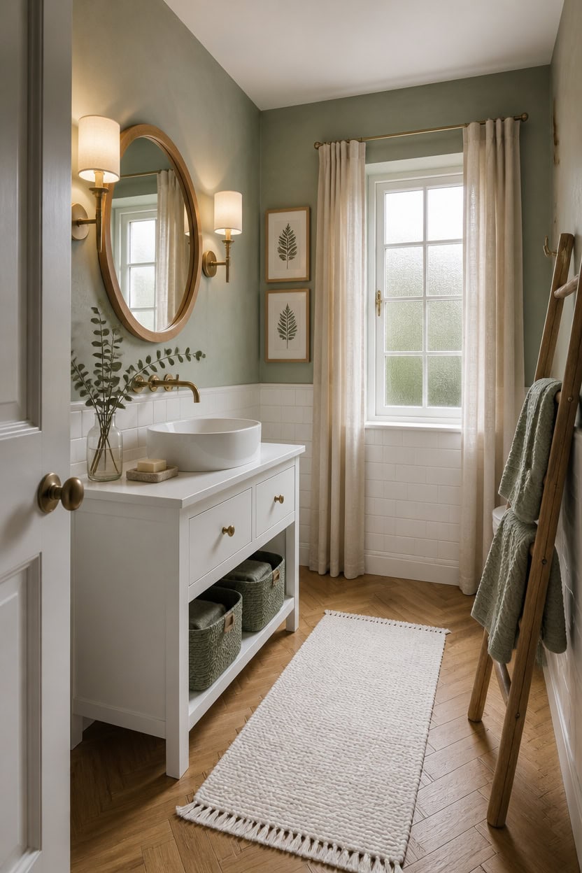 Bright bathroom with a large window and elegant decor.