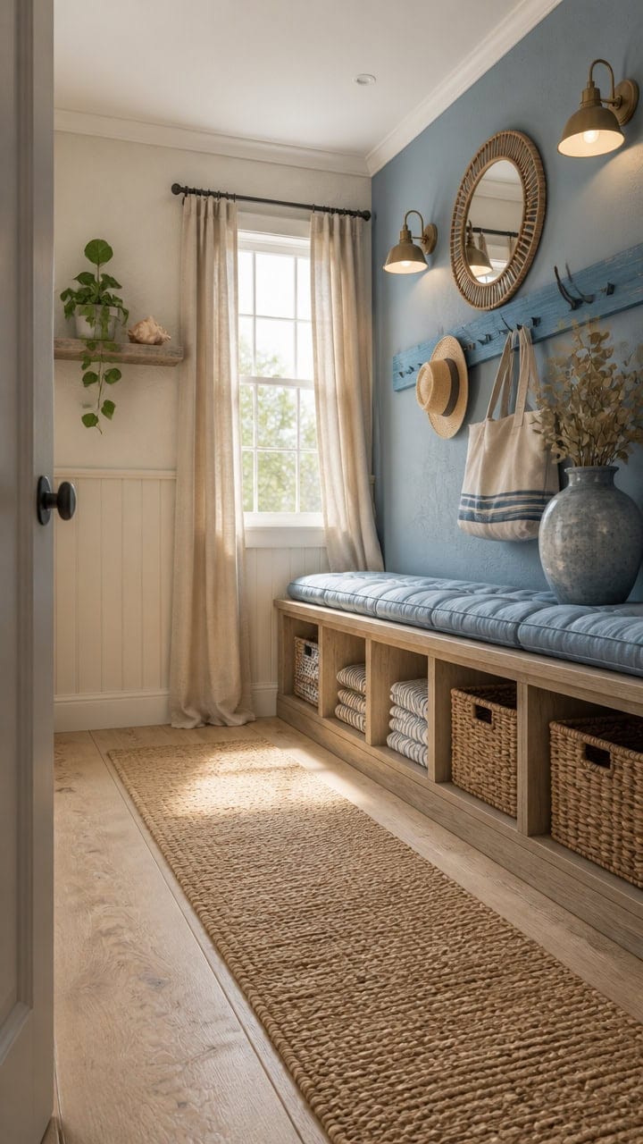 Bright entryway featuring a blue accent wall, wicker storage bench, and decorative accessories for a welcoming home atmospher.