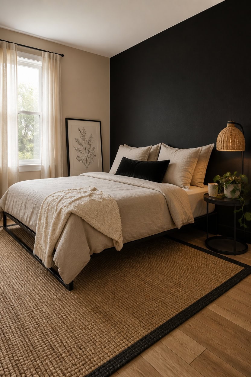 Bright bedroom with large window, neutral decor, and comfortable bedding.