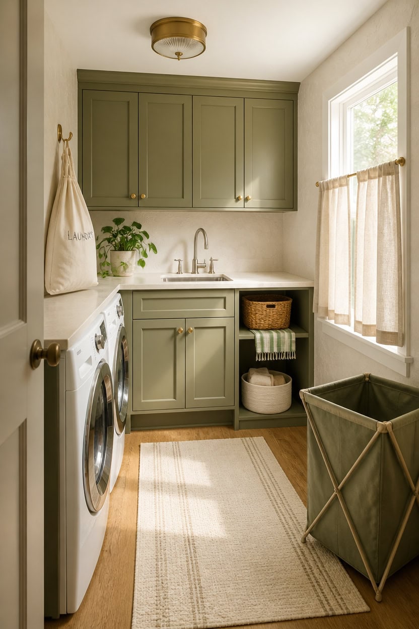 Bright laundry room featuring green cabinetry, a front-loading washer, and a large window with curta.