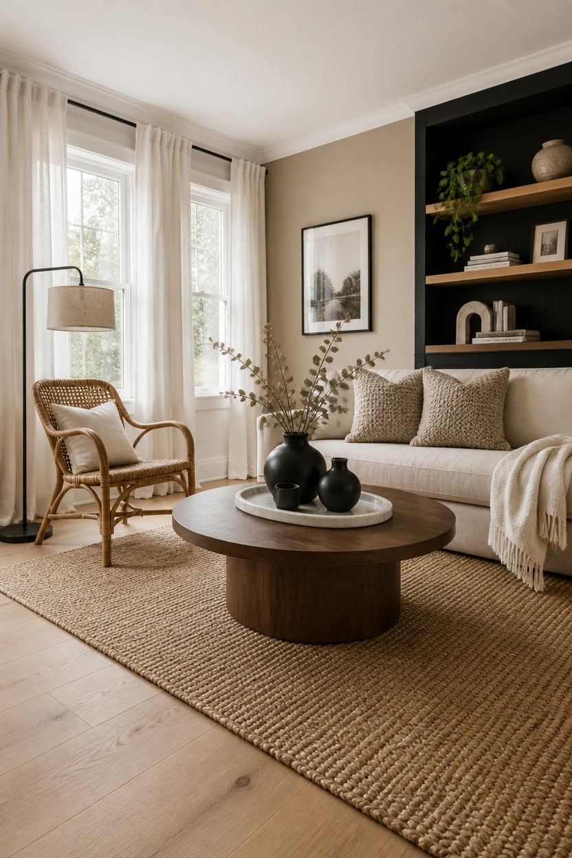 Bright living room with large windows, neutral decor, and modern furniture. Perfect for relaxing and.