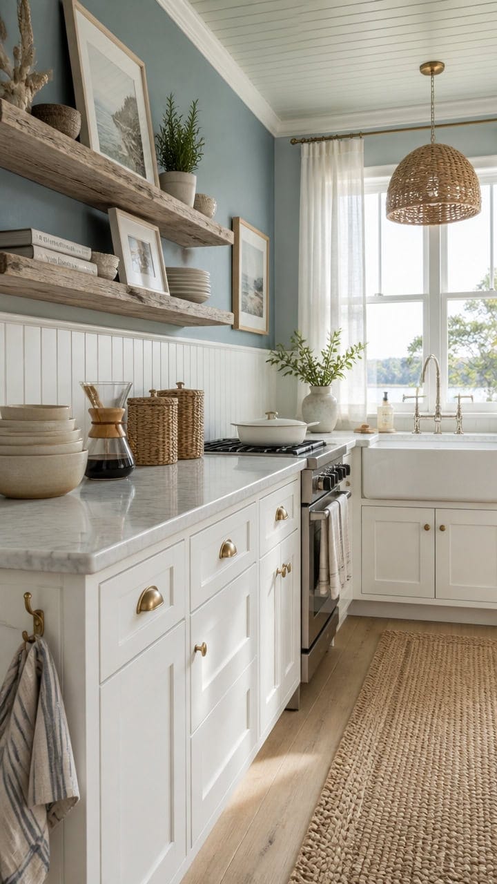 Bright kitchen with white cabinetry, open shelving, and large window letting in natural light. Perfect for a stylish and func.