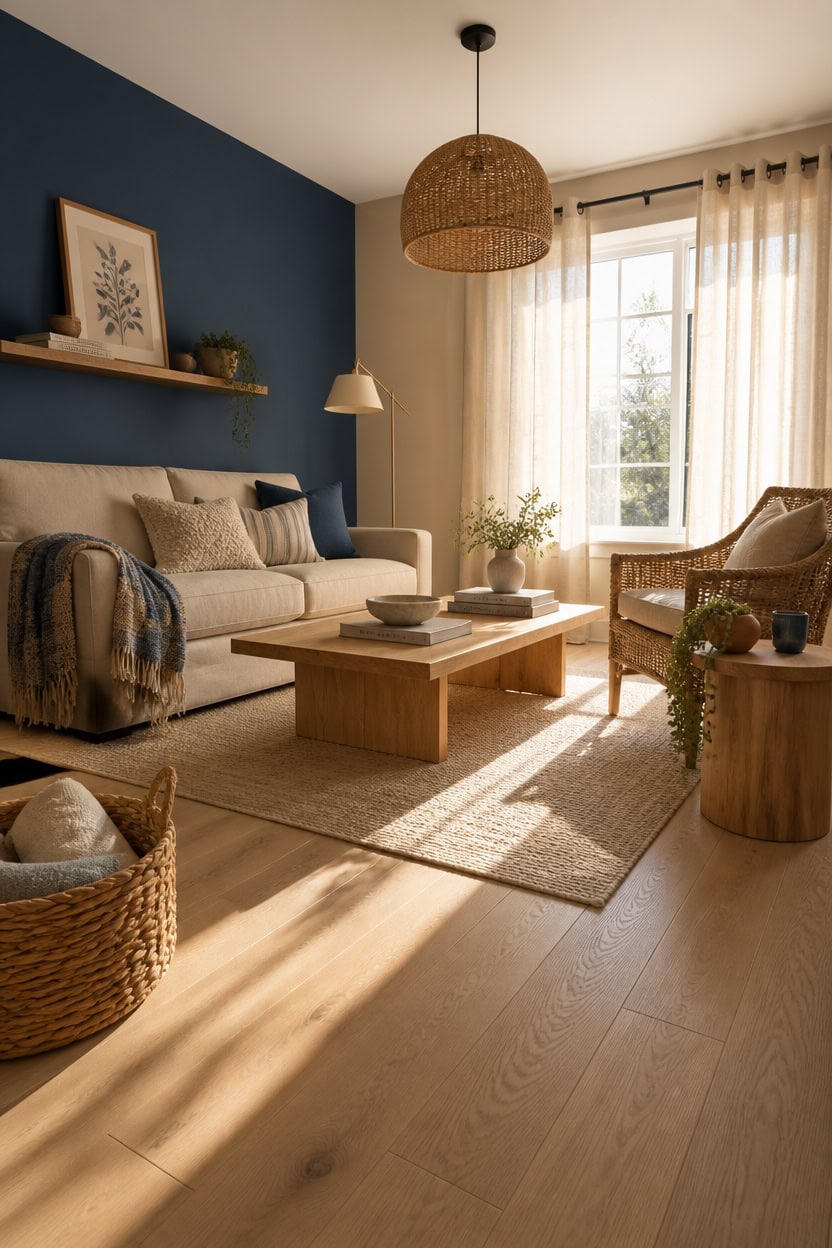 Bright and inviting living room with comfortable sofa, armchair, and large window letting in sunligh.