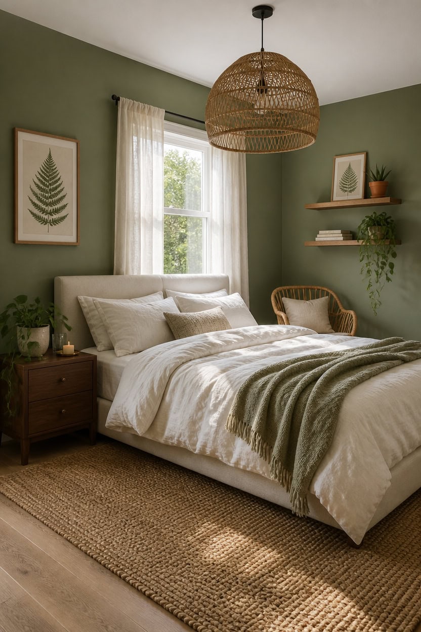 Bright bedroom with green walls, large window, and stylish decor.