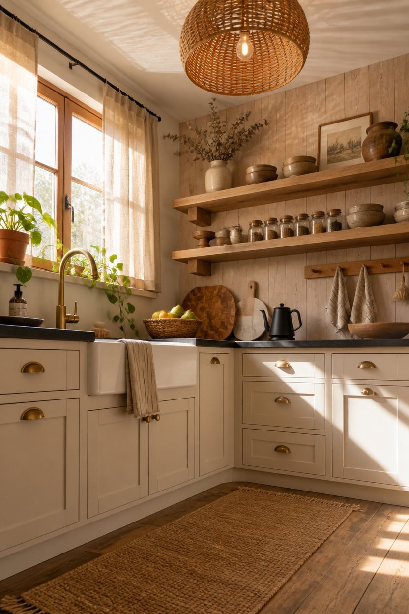 Bright kitchen with large window, white cabinetry, wooden shelves, and decorative plants. Perfect fo.