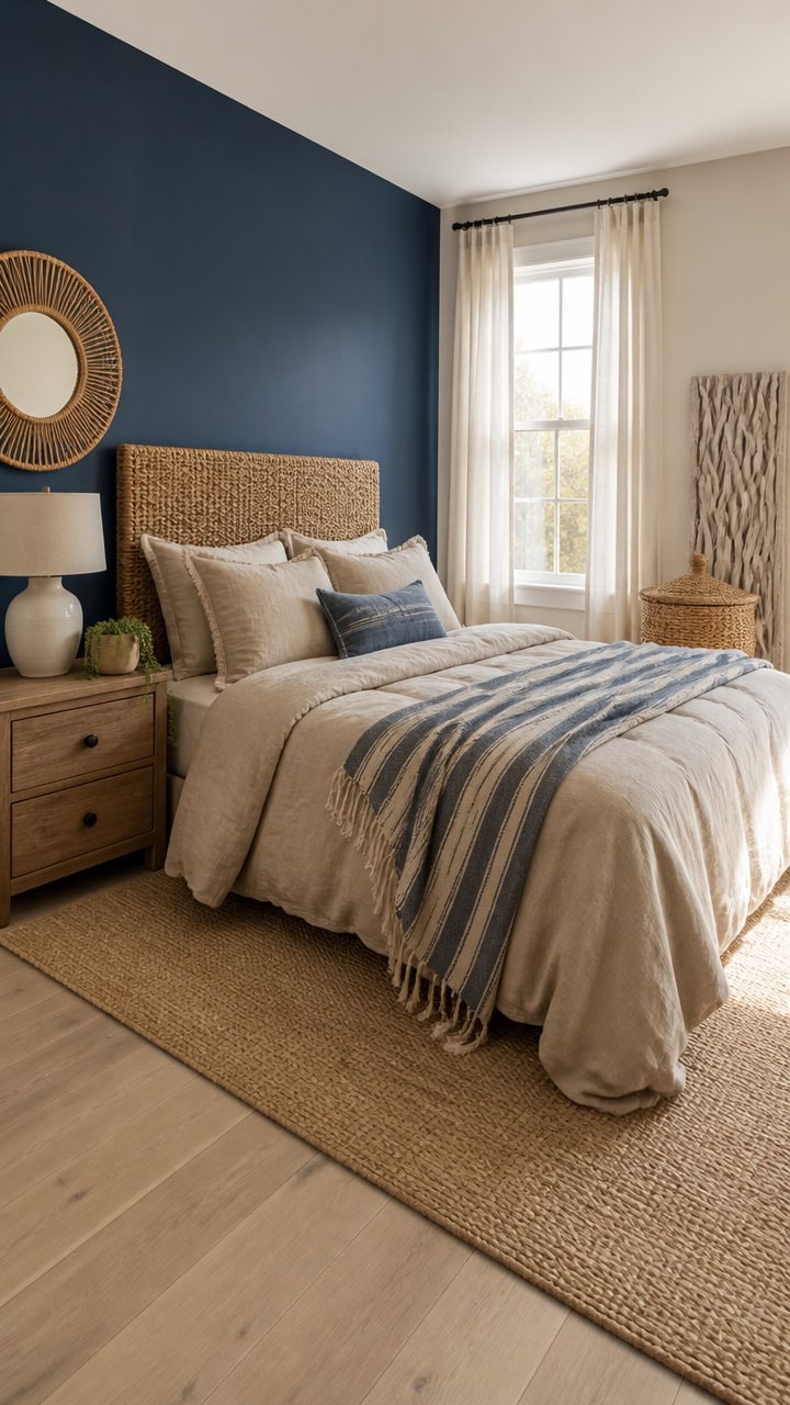 Bright bedroom featuring a blue accent wall, large window with white curtains, and a comfortable bed with neutral and blue be.