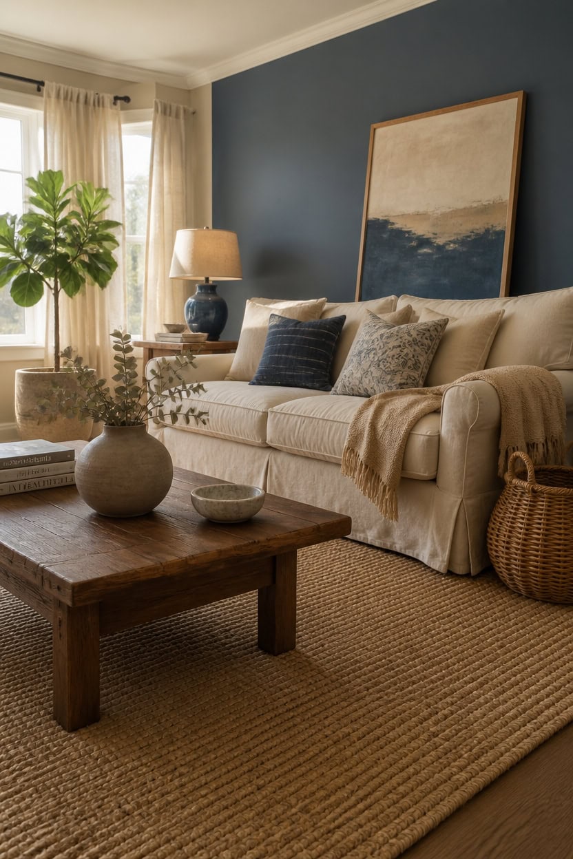 Comfortable living room with beige sofa, blue accent wall, and natural light.