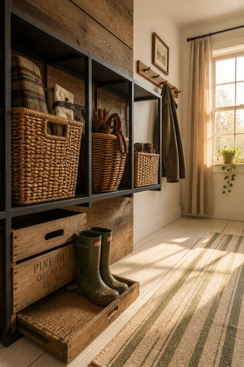 Entryway with wooden shelving, baskets, and sunlight streaming through a window.