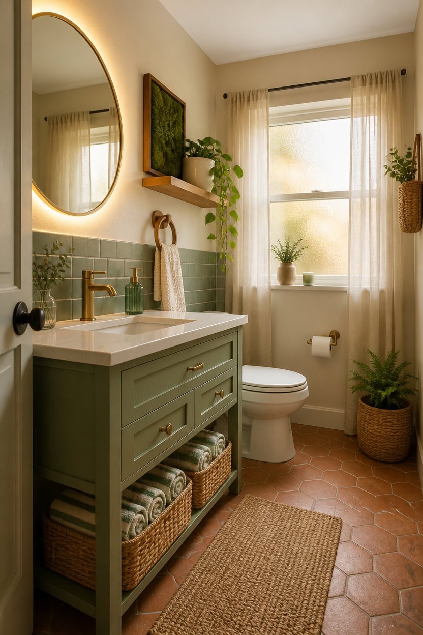 Bright bathroom featuring a green vanity, round mirror, and natural sunlight through sheer curtains.