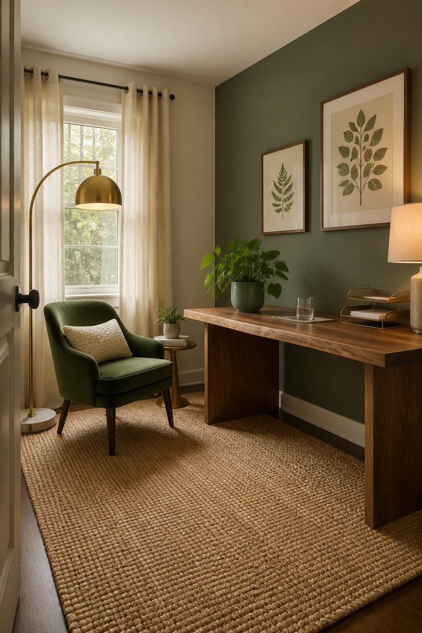 Comfortable home office with green walls, framed botanical art, and natural light.