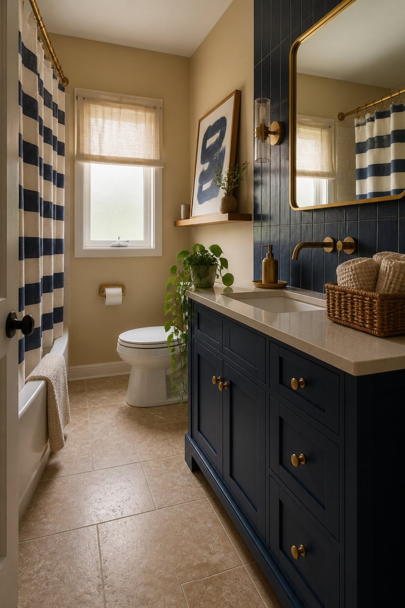 navy accented warm sandbathroom