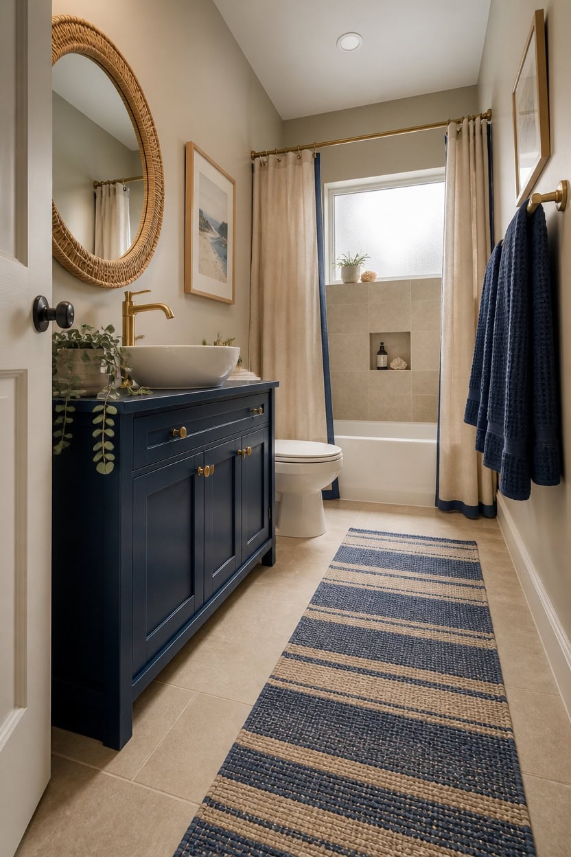 Bright bathroom with navy vanity, beige walls, and natural light from window.