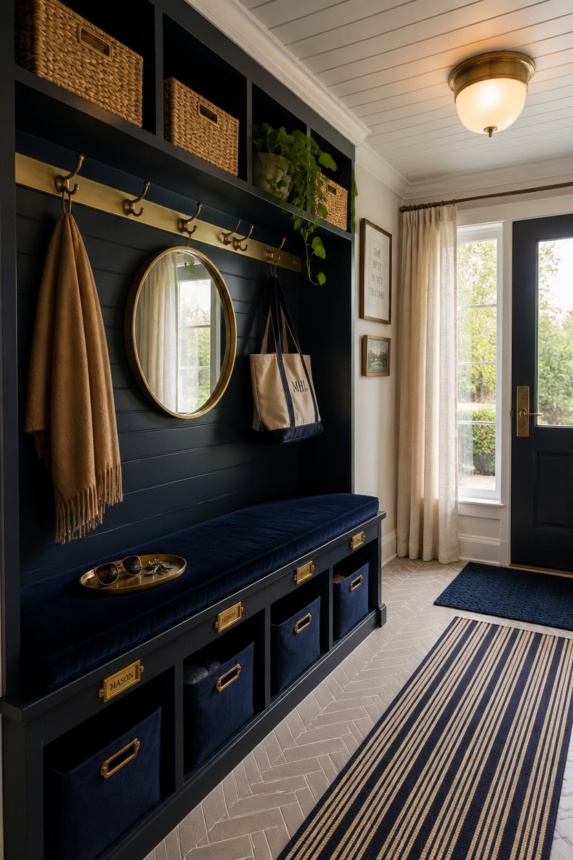 navy and burnished brass