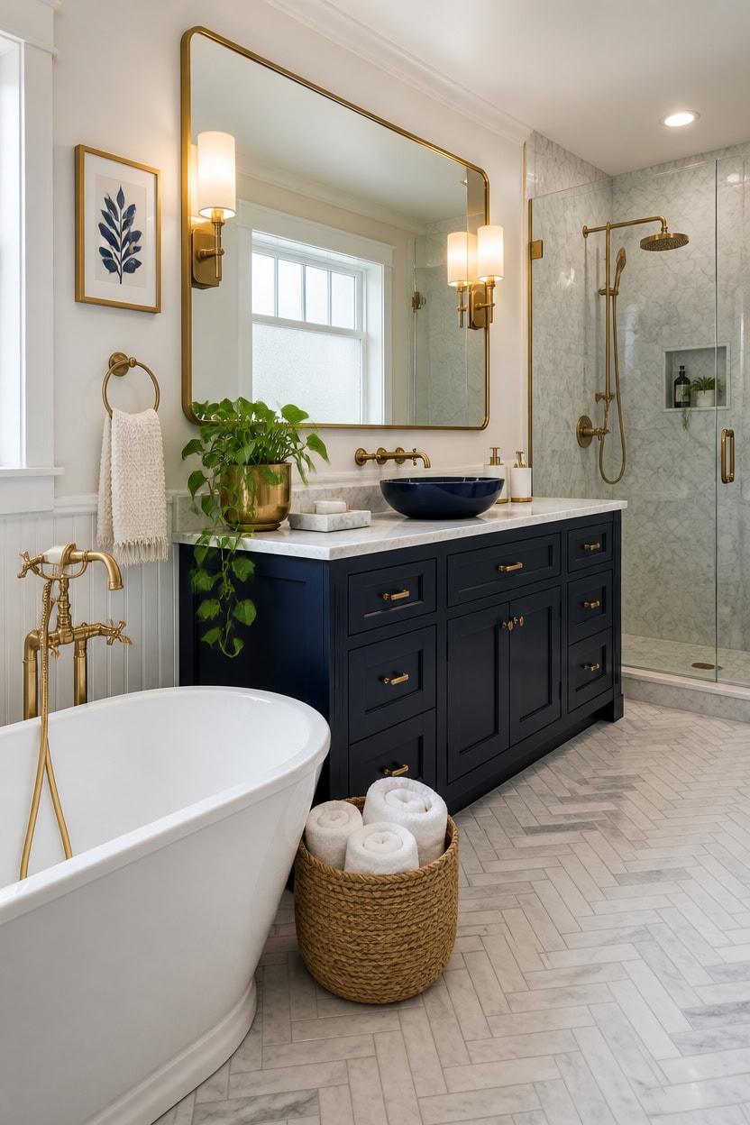 navy brass bathroom investment