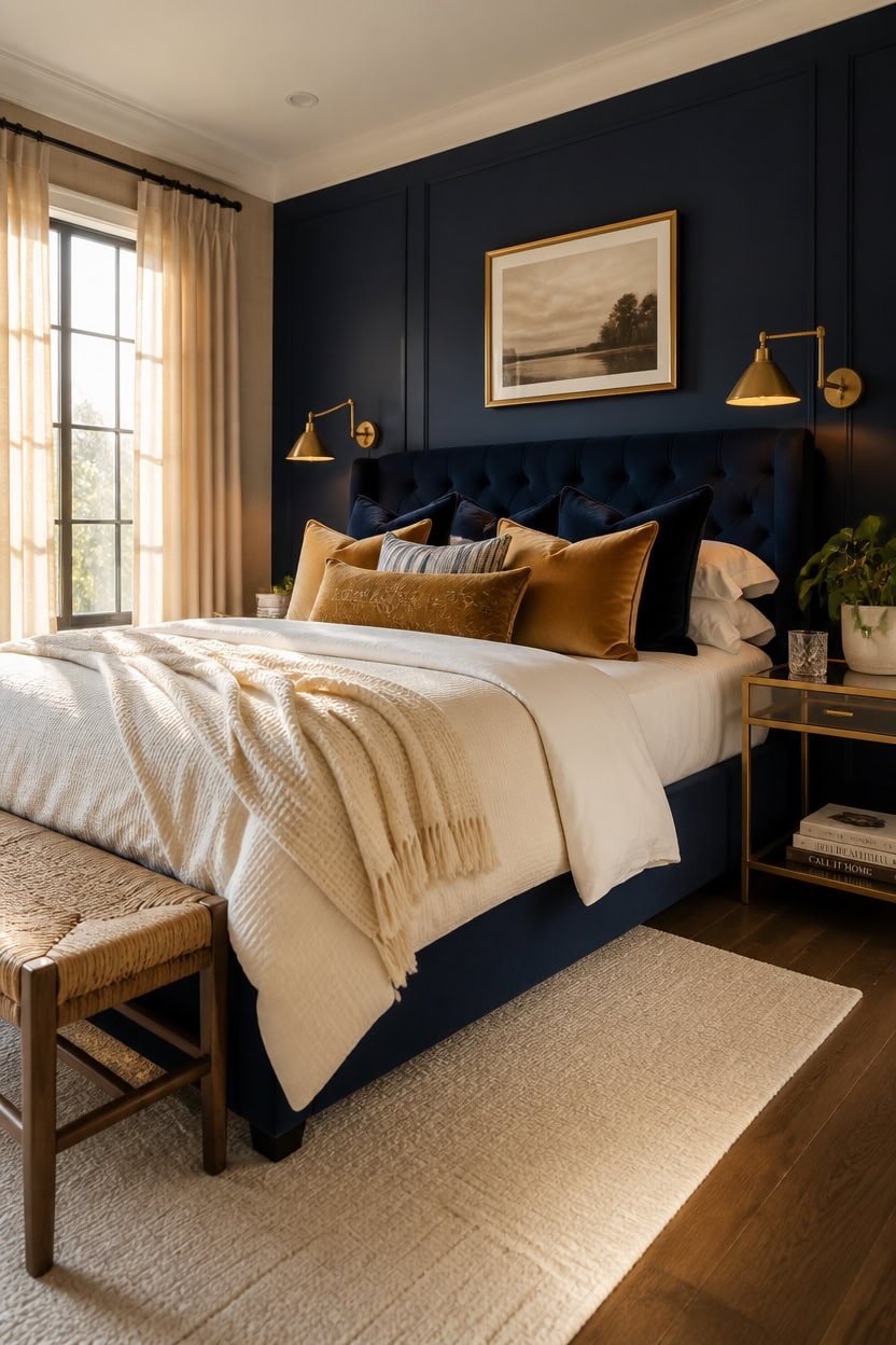 navy brass bedding styling