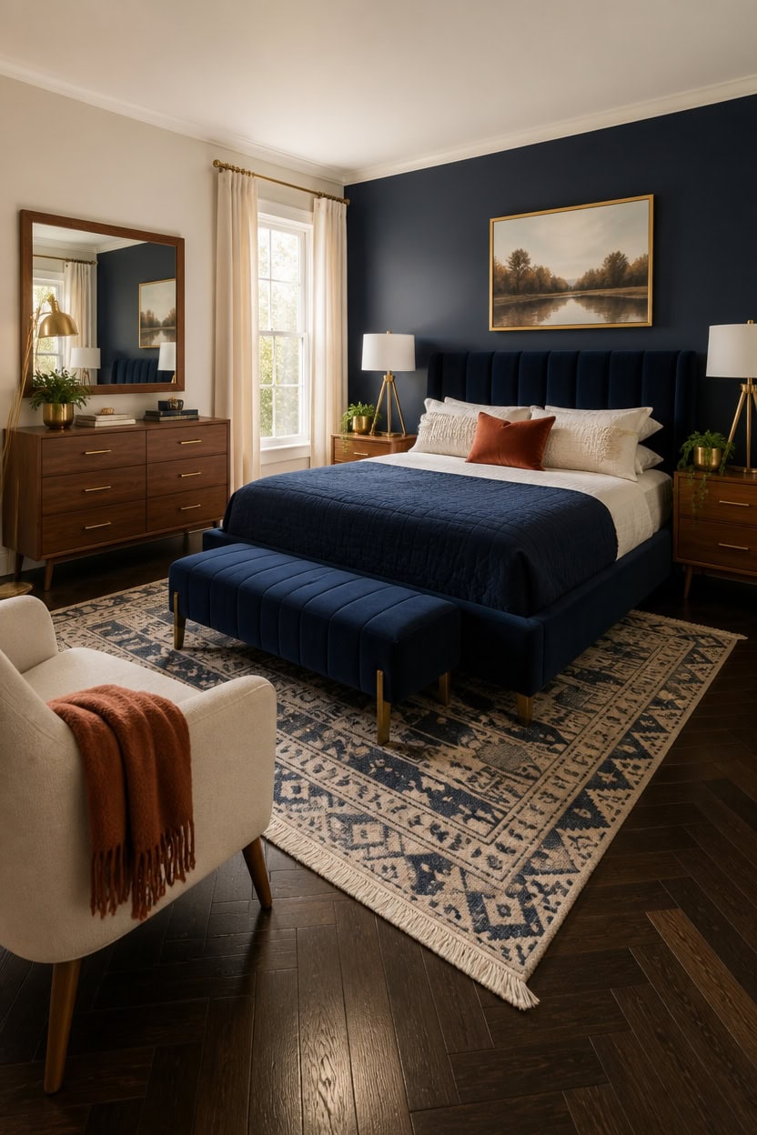 navy brass mid century warmth