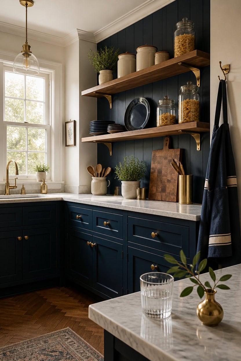 navy brass styled open shelves