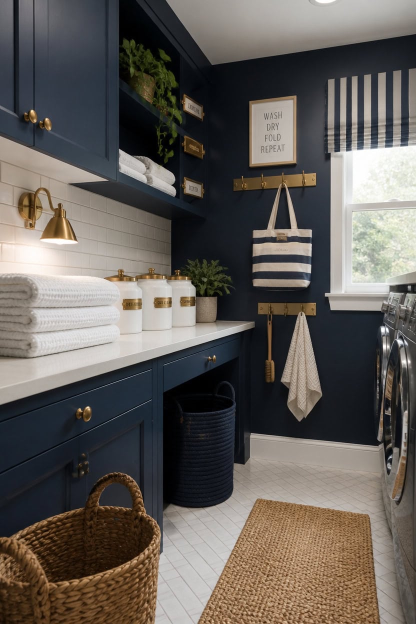 navy brass white textiles