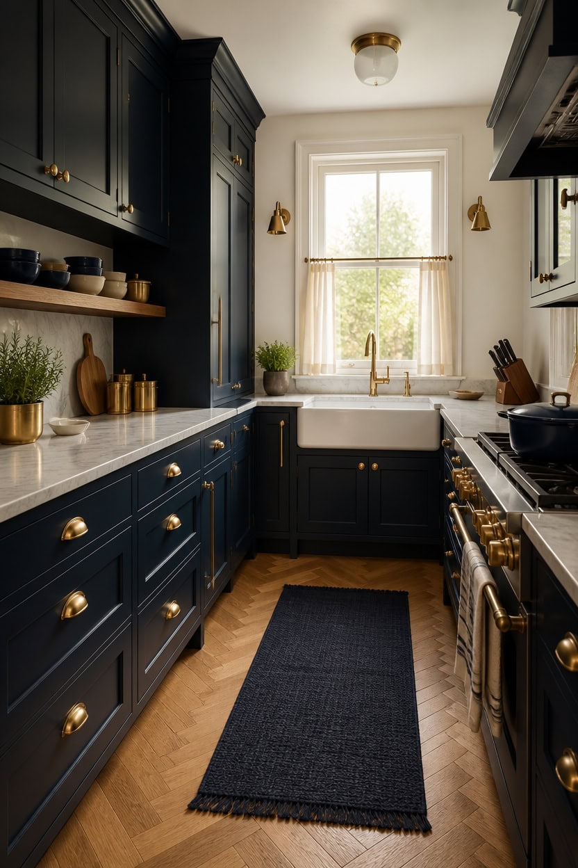 navy cabinets burnished brass