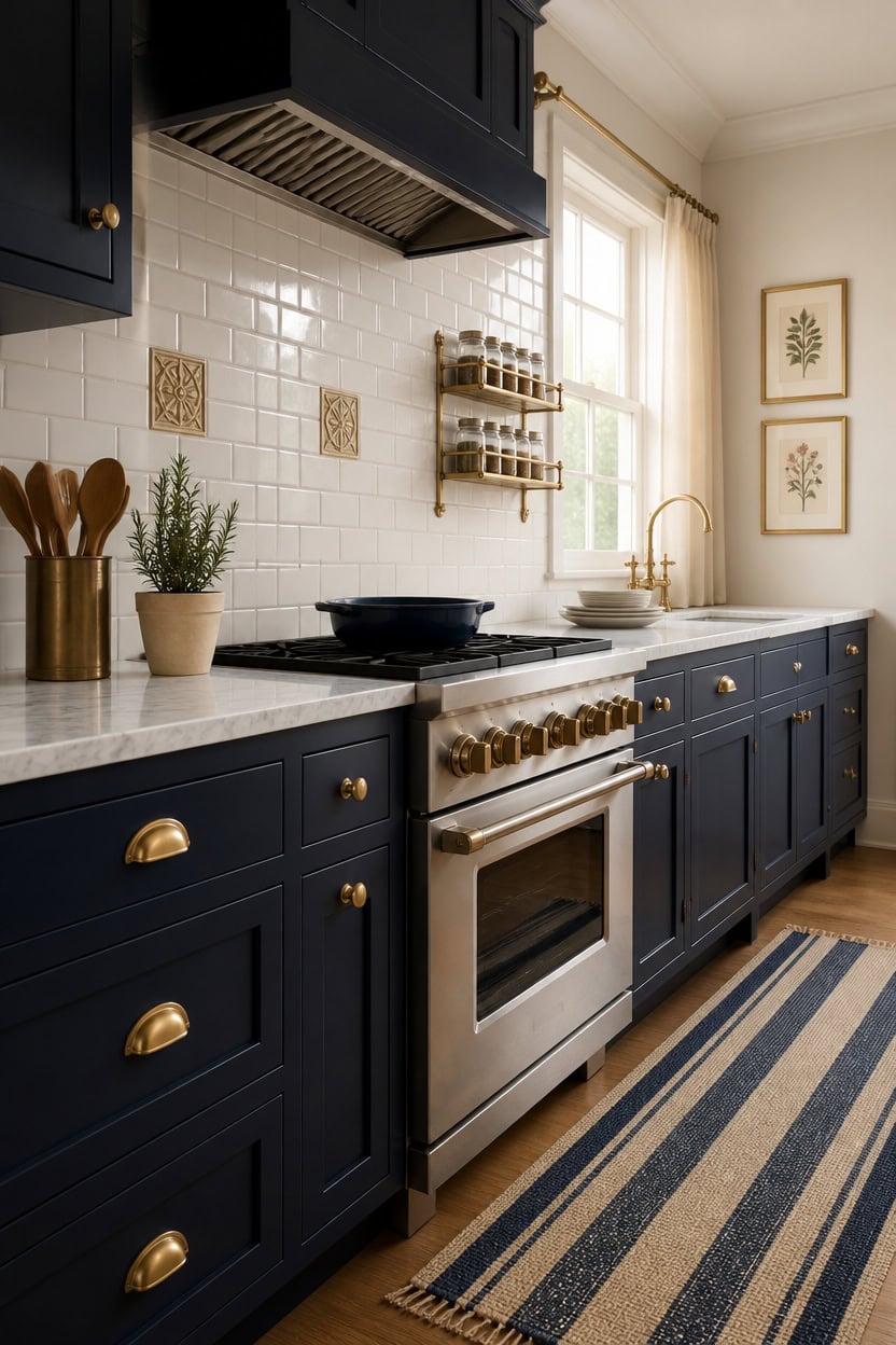 navy cabinets with brass