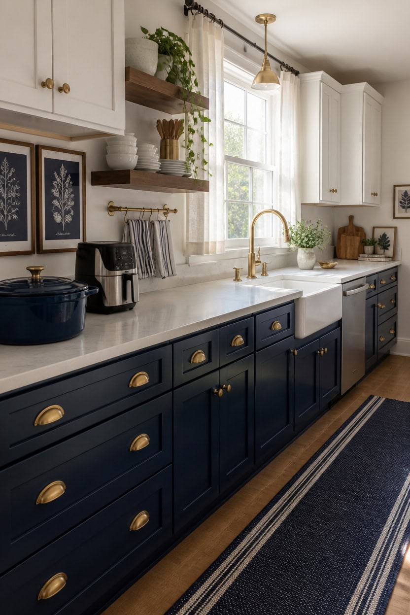 navy cabinets with brass