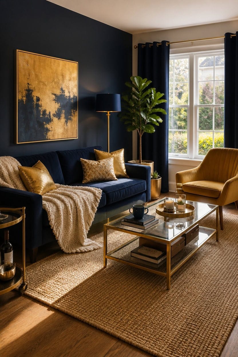 navy gold diy livingroom