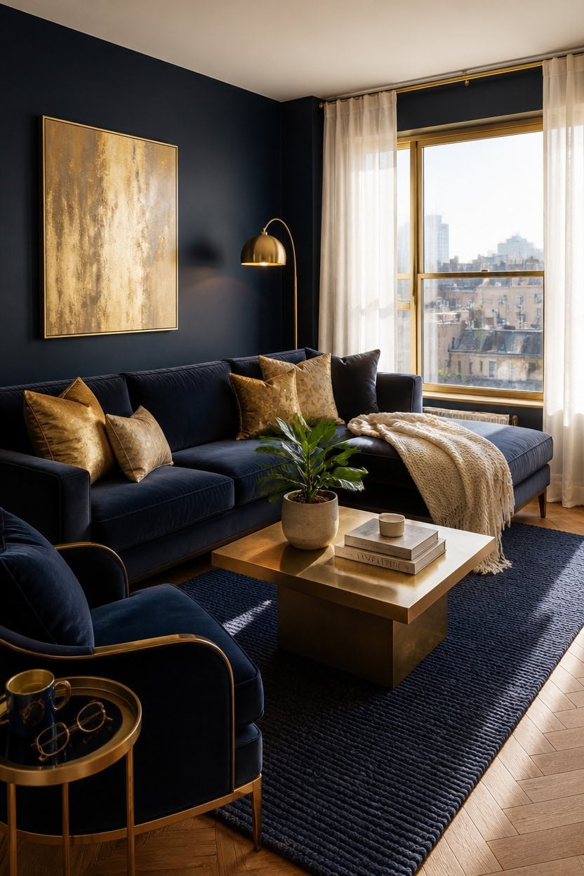 navy gold glam decor