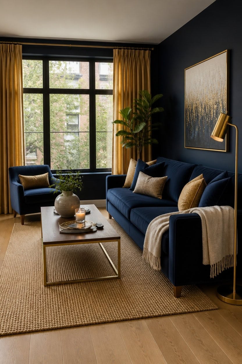 navy gold living room