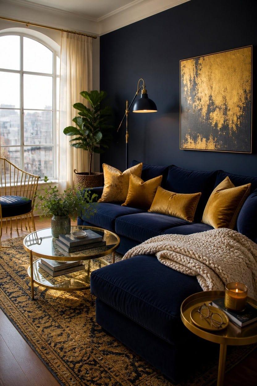 navy gold living room