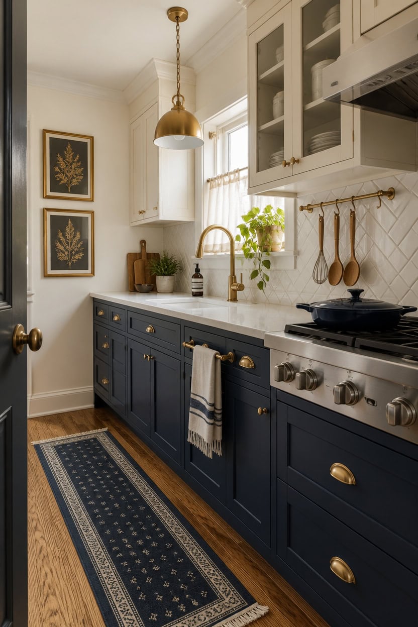navy lower cabinets brass