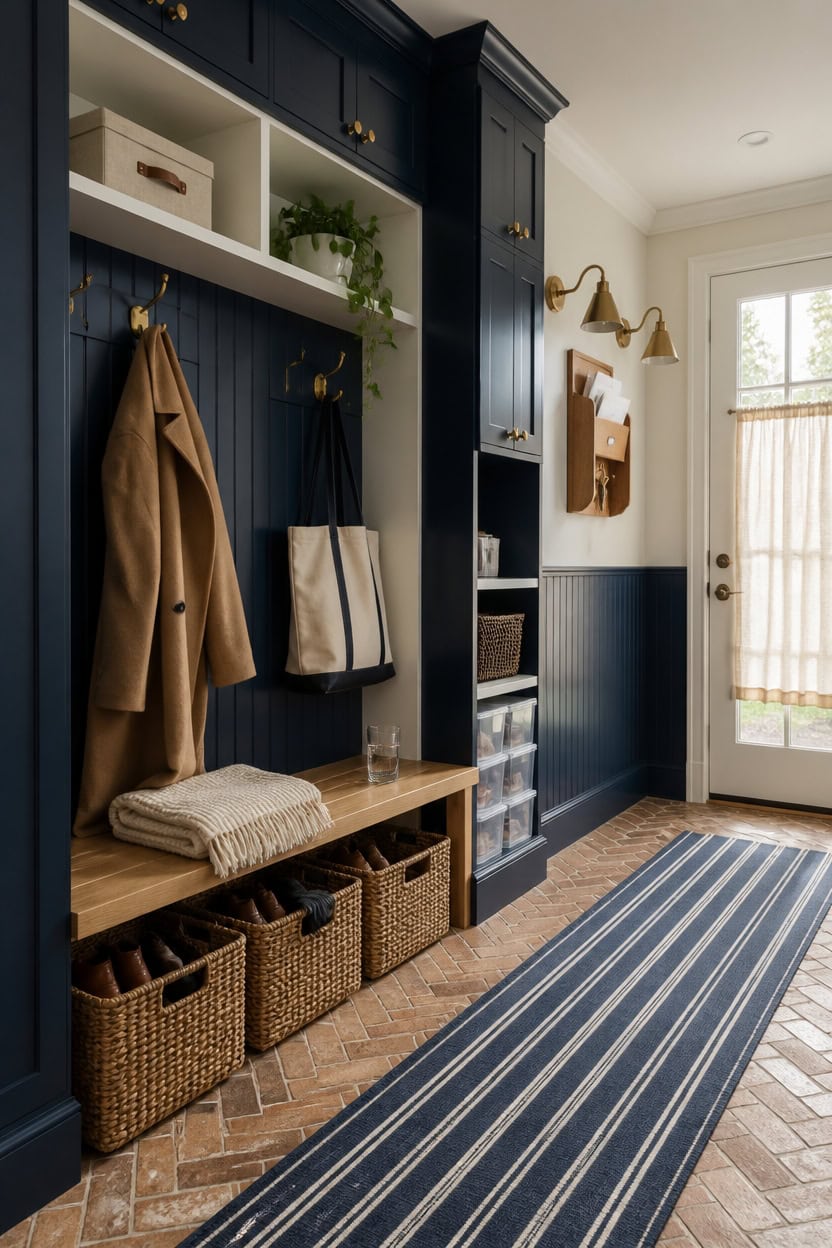 navy mudroom organized storage