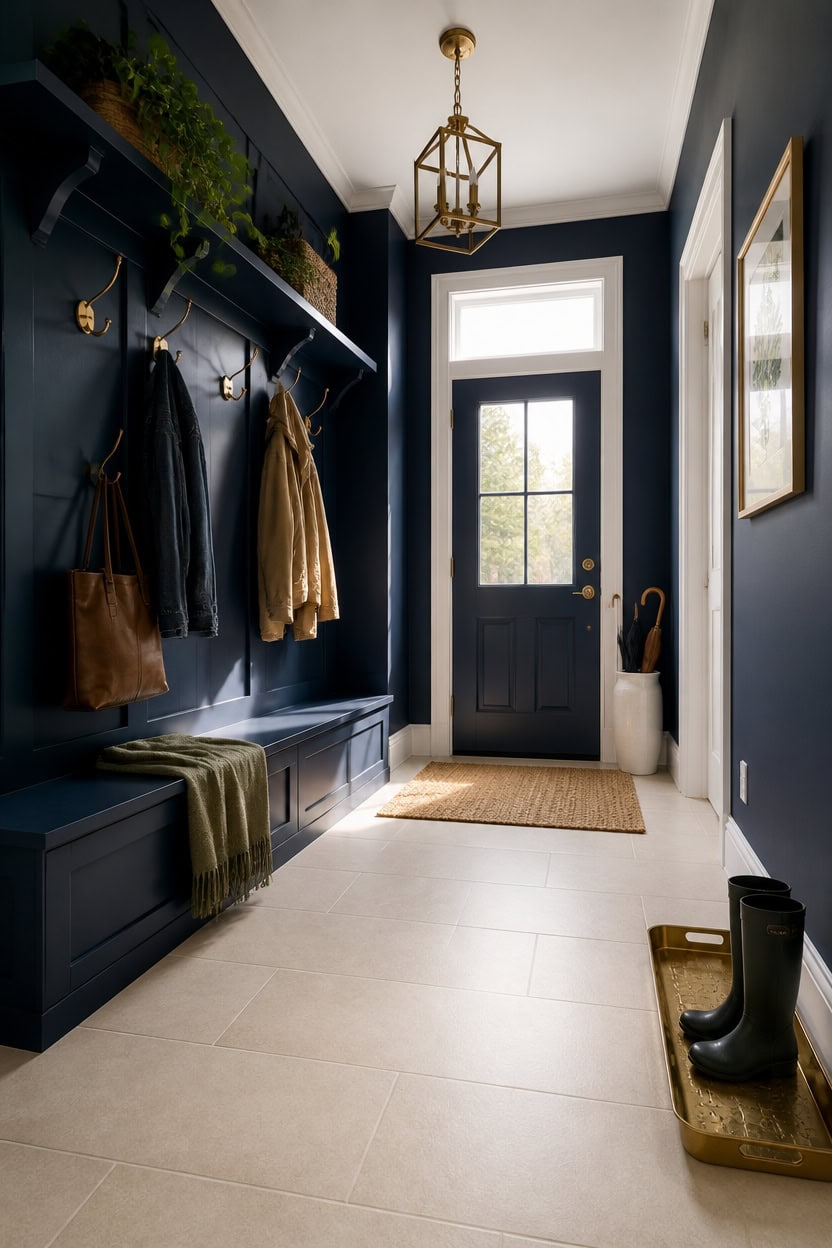 navy mudroom porcelain floors