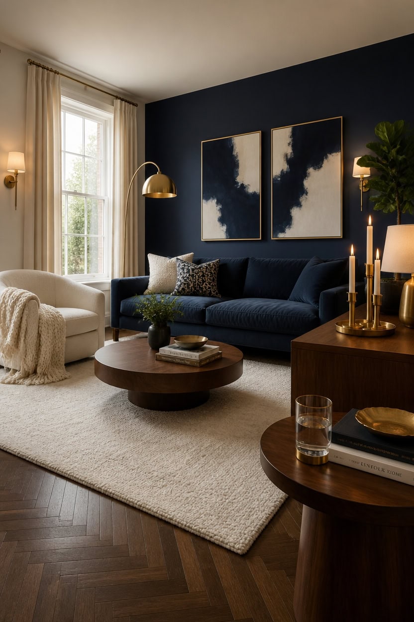 navy room warm reflective elements