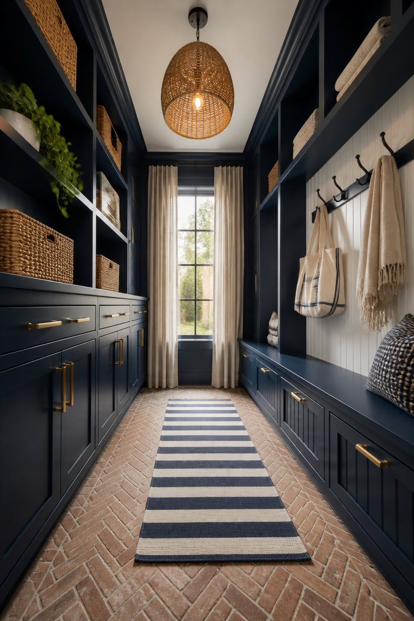 navy shaker mudroom cabinetry