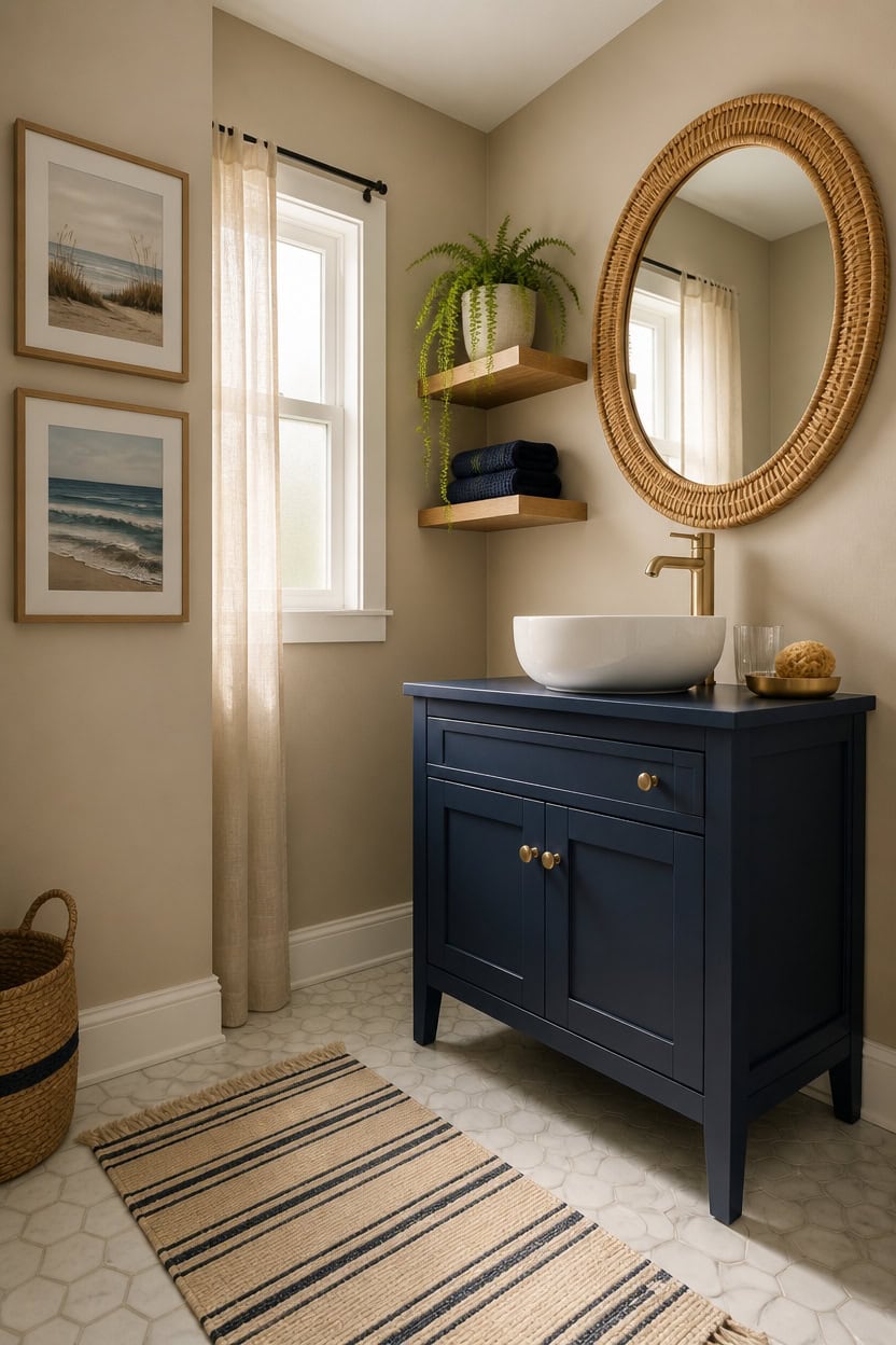 Stylish bathroom featuring a navy vanity, round mirror, and natural light.