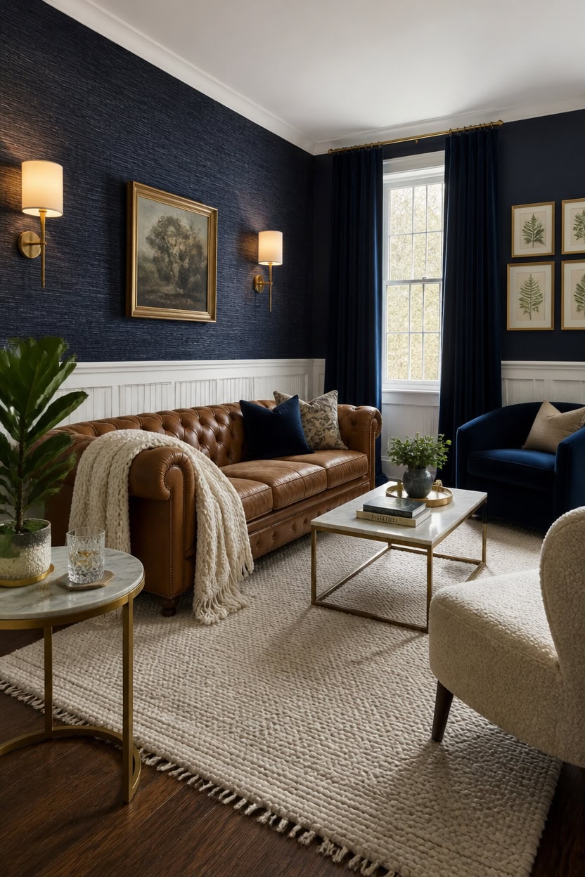 navy textured walls with brass