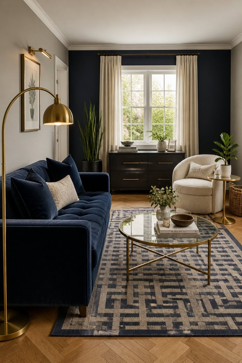 navy upholstery with burnished brass