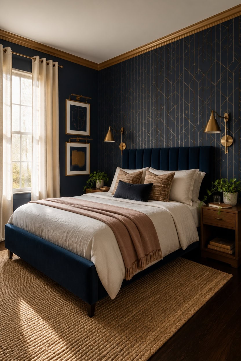 navy wallpaper accent wall